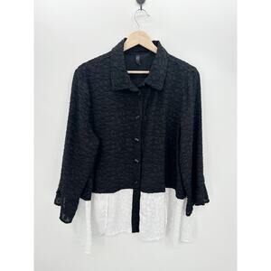 by JJ Black White Colorblock Button Down‎ Blouse 3/4 Sleeve Textured Artsy Large